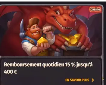 Bannière du cashback Dragonia Casino jusqu'à 15 % chaque semaine